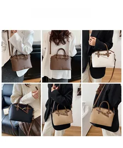 Collage of leather handbags in various colors shown as crossbody and shoulder bag styles