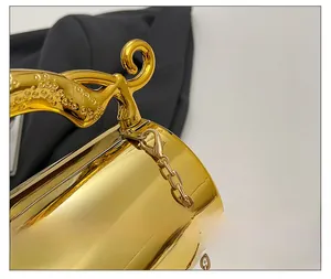 Detail shot of premium gold-plated hardware and ornate handle on acrylic bag
