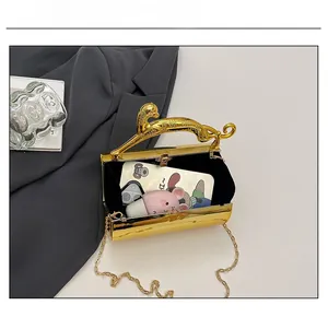 Detail of gold evening clutch with leopard handle showing interior capacity and chain