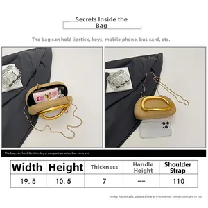 Size guide for retro beige evening bag with metal U-handle showing dimensions and capacity
