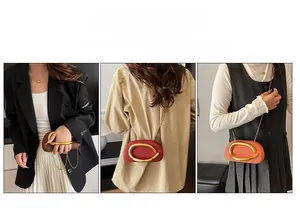 Three acrylic evening bags in brown, red, and orange with large gold C-shaped handles