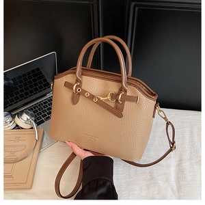 Detailed macro view of khaki lychee grain leather texture with gold-tone hardware on handbag