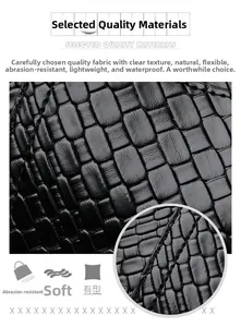 Gros plan sur cuir synthétique noir à texture crocodile avec coutures solides et gaufrage