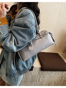 Taupe rectangular shoulder bag with lychee grain leather and silver buckle detail