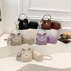 Women Litchi Grain PU Leather Bucket Bag And Inner Pouch With Bear Charm Silver Metal Lock Shoulder Crossbody Handbag