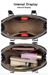 Detail showing internal compartment of black handbag with card slot and zipper pocket