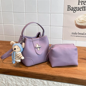 Purple lychee grain leather bucket bag set with shoulder strap and cute bear charm