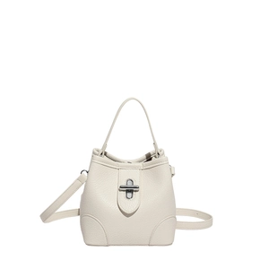 Creamy white litchi grain leather bucket bag with silver twist lock and adjustable strap