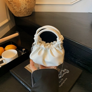 White ruched cloud handbag in soft PU leather with silver chain strap for women