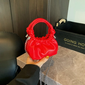 Bright red cloud pouch with pleated PU leather and silver chain strap for women