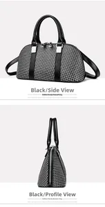 Detailed view of woven Boston bag featuring leather handles and silver metal hardware