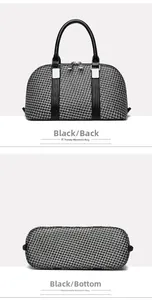 Detail view of woven pillow handbag showing the black leather bottom and back panels