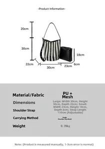 Size chart showing striped mesh tote dimensions and adjustable strap for shoulder bag