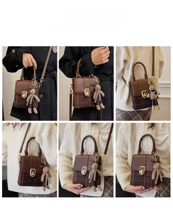 Collage of checkered crossbody bag with bunny charm shown on models for styling