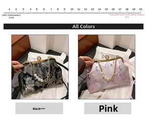 Détails de broderie florale sur sacs de soirée en satin noir et rose avec perles