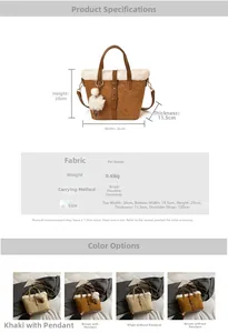 Detail view of winter plush bag with PU leather trim and 120cm adjustable strap dimensions
