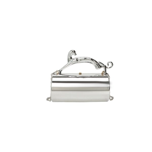 Silver cylindrical evening bag with leopard handle and delicate metal chain strap