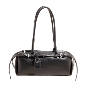 Black punk style cylindrical leather shoulder bag with silver buckles and eyelet straps