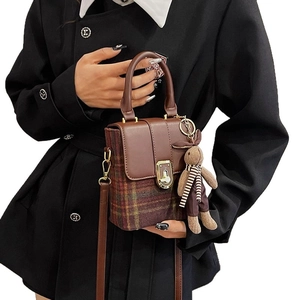Retro plaid crossbody box bag with brown leather trim and cute bunny charm pendant