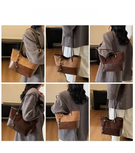 Brown vintage patchwork tote bag with tassel shown from multiple modeling angles