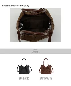 Detail view of polka dot bucket bag interior and detachable shoulder strap in two colors