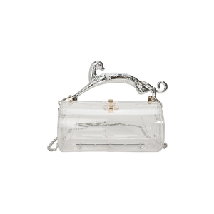 Cylindrical transparent acrylic clutch with silver leopard handle and chain strap