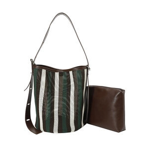 Striped woven shoulder bag set with brown leather straps and interior pouch