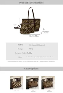 Detailed size chart and dimensions for the leopard print PU leather tote bag set