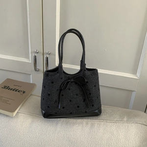 Deep grey wool tote bag with black 3D polka dots and elegant leather bow detail