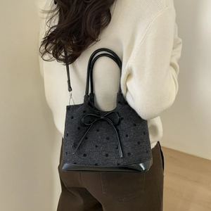 Chic dark grey polka dot tote bag with leather bow and detachable shoulder strap