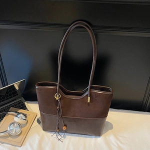 Retro deep brown large tote bag with suede stitching and elegant leather tassels