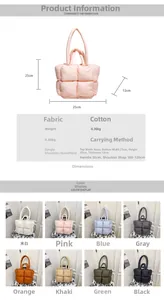 Detailed size chart and multi-color options for the quilted puffer tote bag with strap