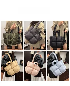Detailed views of quilted puffer tote bags in six colors including green, gray and pink