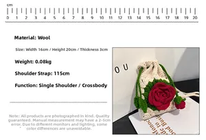 Detail of handmade knit bag showing red rose crochet patterns and measurement scale