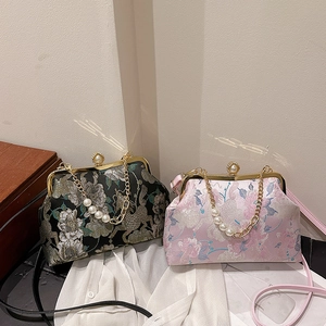 Sac De Soirée Broderie Chinoise Rétro Satin Brocart Künstliche Perle Fermoir Sac À Main Sac Bandoulière Pour Femme Fête Mariage