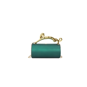 Green satin cylinder clutch bag with golden leopard handle and metal chain strap