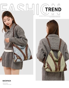 Détails d'un sac à dos vintage en toile avec bordures en cuir et rivets métalliques rétro