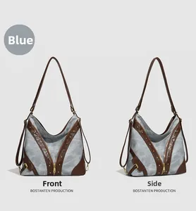 Vues détaillées de face et de côté d'un sac cabas bleu avec finitions en cuir marron