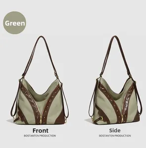 Vues détaillées de face et de profil d'un sac hobo rétro en toile verte avec des rivets