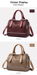 Two woven texture Boston bags in burgundy and deep khaki with detachable shoulder straps