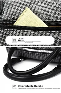 Detail of houndstooth fabric bag with black leather handle and rear zipper pocket