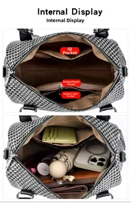 Detail view of large capacity tote interior with multiple compartments and houndstooth pattern