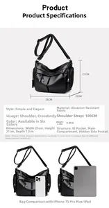 Borsa a tracolla nera in PU 25x21x12cm con confronto dimensioni tablet e smartphone