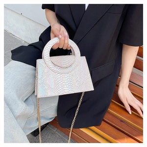 Sac à main irisé texture serpent avec bandoulière chaîne dorée porté par un mannequin