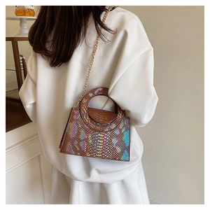 Vue détaillée de la texture serpent irisée sur ce sac à main bandoulière pour femme