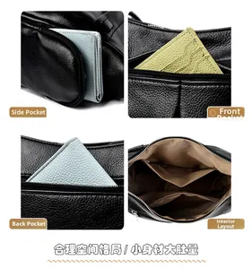Dettagli della borsa in pelle nera con tasche multiple e cerniere metalliche lucide