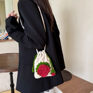Handmade crochet rose floral crossbody bag with cream wool and red flower detail
