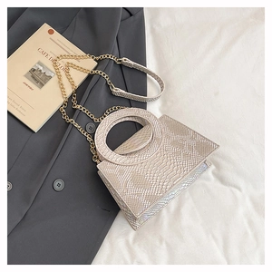 Détail du sac à main texture serpent avec chaîne dorée sur fond de blazer gris