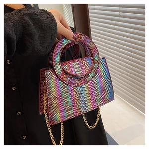 Détail d'un sac holographique à motif serpent avec grande poignée ronde et chaîne