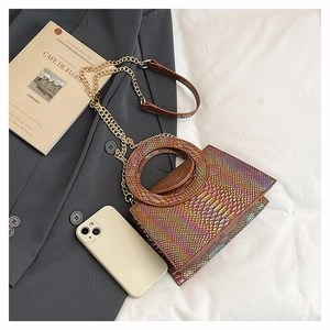 Vue détaillée du sac à motif serpent iridescent avec poignée ronde et chaîne dorée